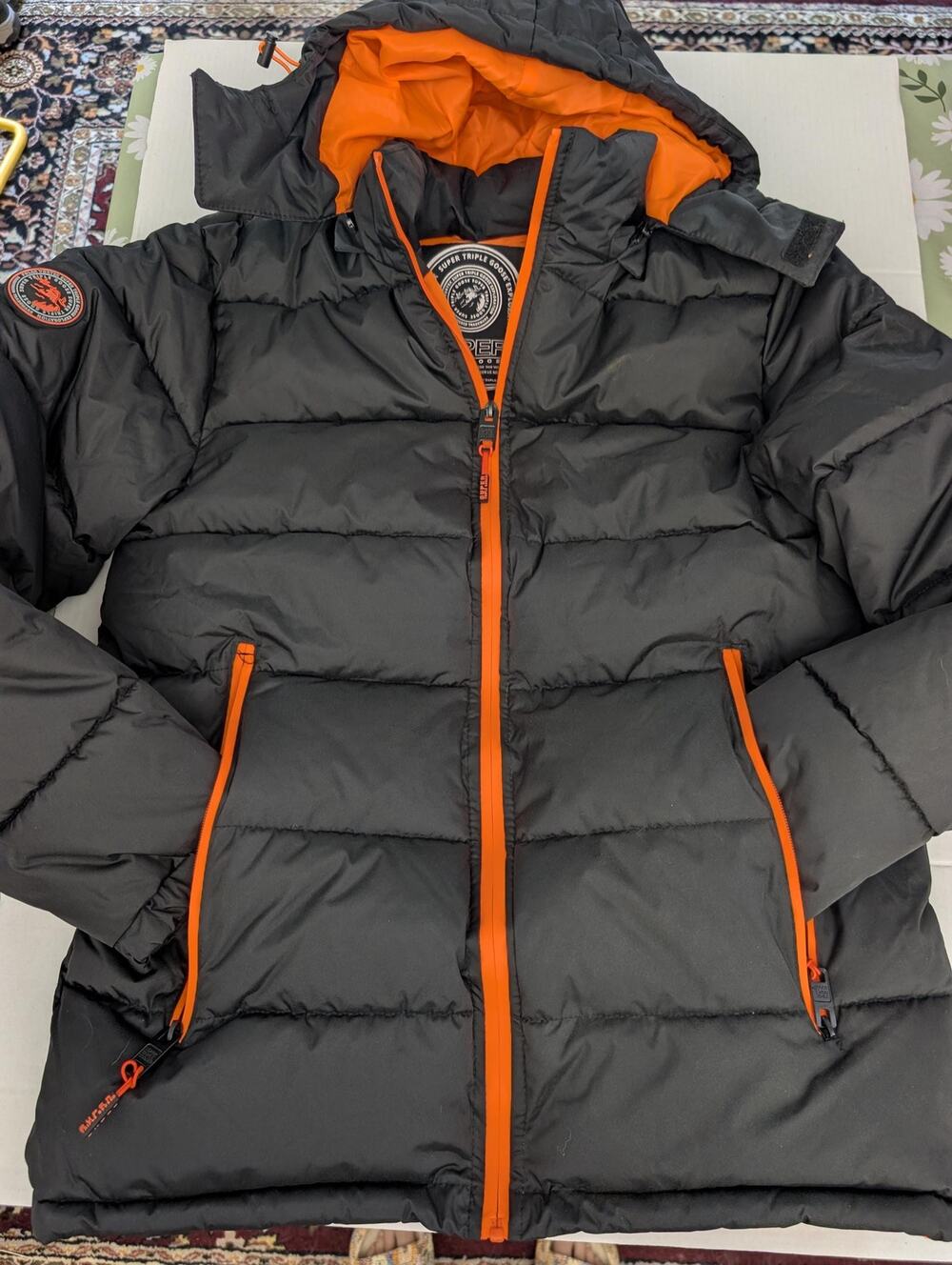 Super Triple Goose Womens Large Puffer Jacket Hooded Black Orange NWOT